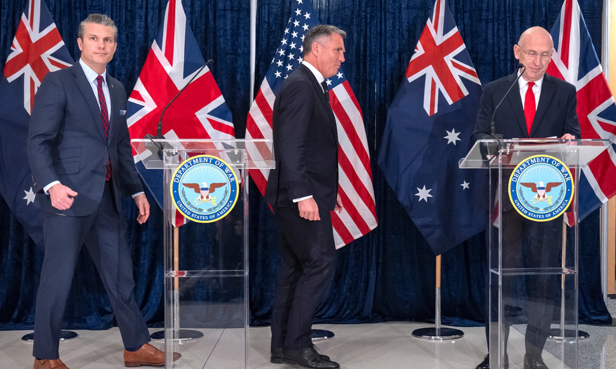 From left, US Defense Secretary Pete Hegseth, Australia's Deputy Prime Minister and Defense Minister Richard Marles, and British Defence Secretary John Healey (right), leave after giving remarks on the sidelines of the AUKUS Defense Ministers' Ministerial meeting at the Pentagon in Washington on December 10, 2025. Photo: VCG