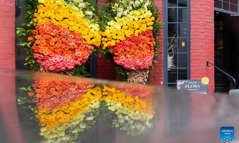 A floral installation is pictured during the 2026 Fleurs de Villes FLORA Bloor-Yorkville event in Toronto, Canada, on May 6, 2026. Showcasing more than 30 installations created by local floral designers, the event kicked off here on Wednesday and will last until Sunday. (Photo by Zou Zheng/Xinhua)