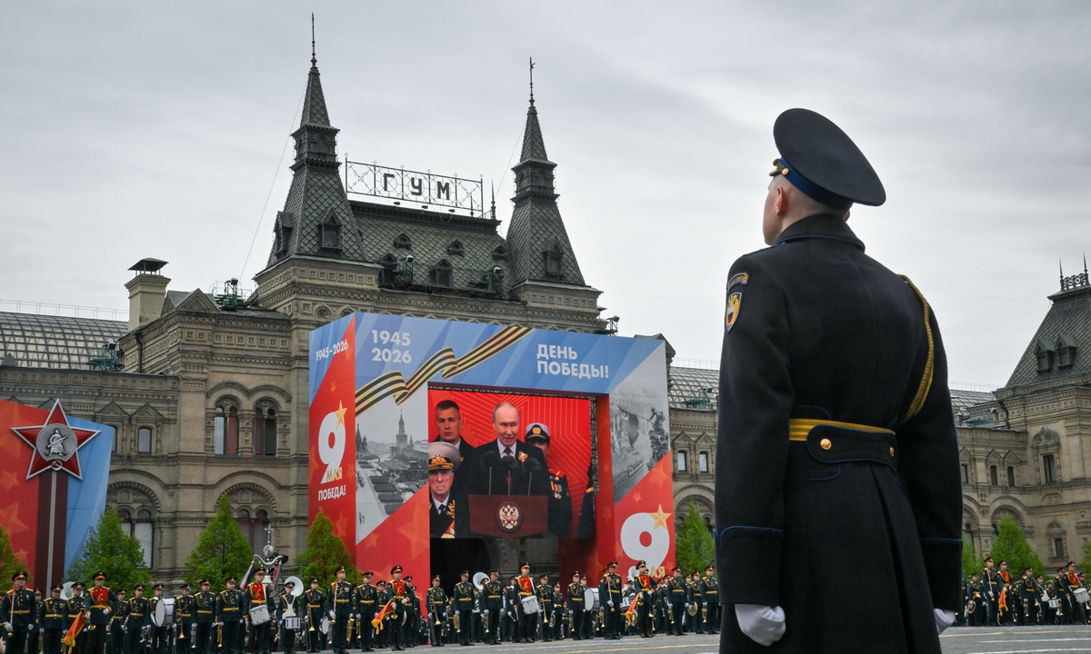 Russian President Vladimir Putin appears on a screen as he delivers a speech during a military parade on Victory Day on May 9, 2026, which marks the 81st anniversary of the victory in World War II, at the Red Square in Moscow, Russia. Photo: VCG