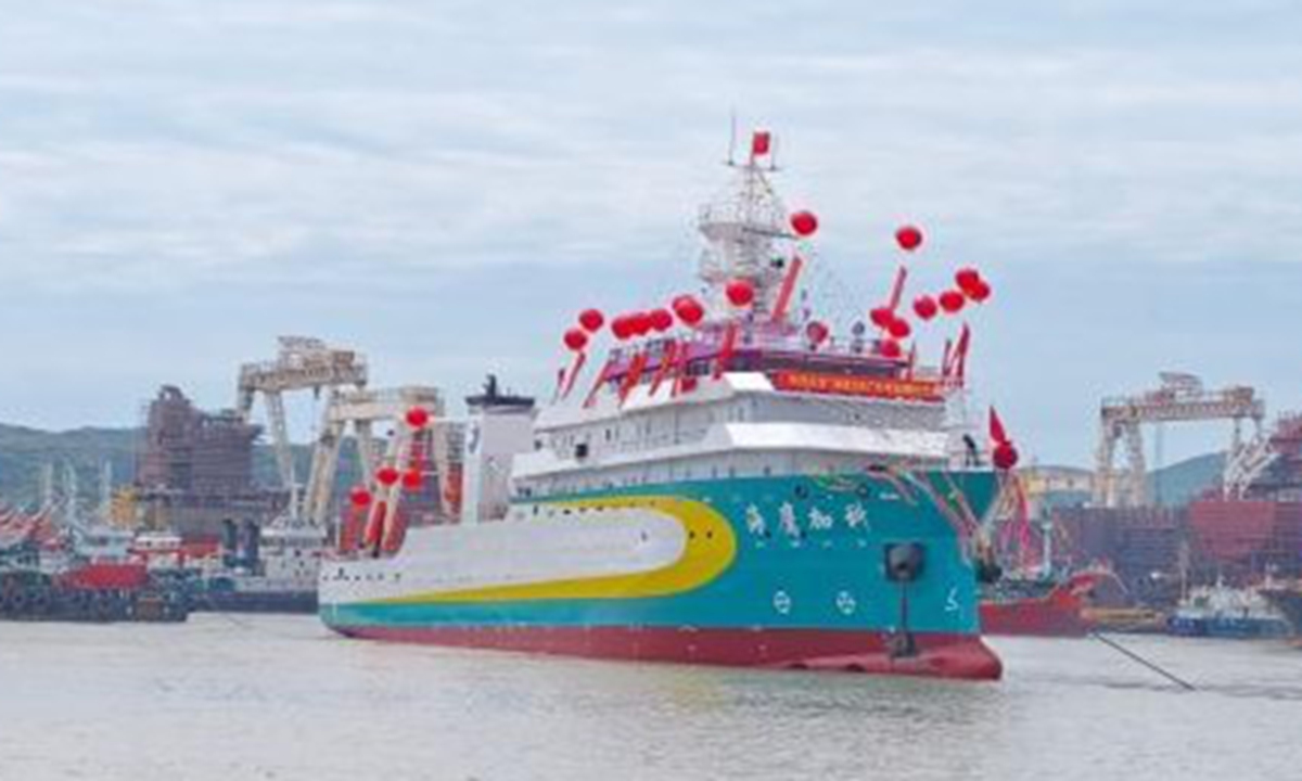 A 3,500-ton comprehensive ocean research vessel, fully funded, built and operated by private investors, is successfully launched in Wenling, East China's Zhejiang Province on May 5, 2026. Photo: Courtesy of China News Service