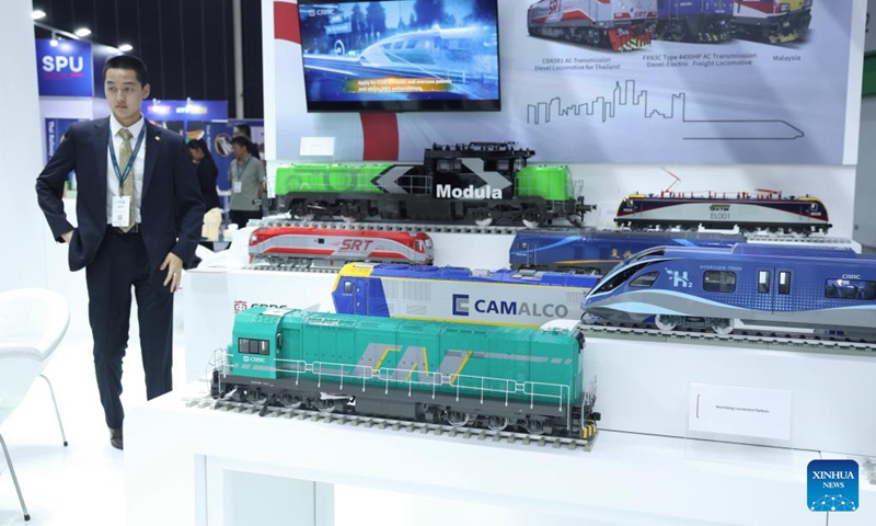 This photo taken on May 6, 2026 shows new energy locomotive models at the booth of China Railway Rolling Stock Corporation (CRRC) at the Asia Pacific Rail 2026 in Bangkok, Thailand. (Xinhua/Sun Weitong)