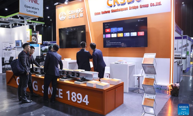 This photo taken on May 6, 2026 shows the booth of China Railway Shanhaiguan Bridge Group (CRSBG) at the Asia Pacific Rail 2026 in Bangkok, Thailand. (Xinhua/Sun Weitong)