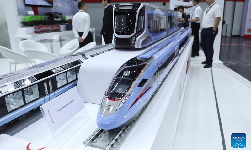This photo taken on May 6, 2026 shows a model of high-speed train at the booth of China Railway Rolling Stock Corporation (CRRC) at the Asia Pacific Rail 2026 in Bangkok, Thailand. (Xinhua/Sun Weitong)
