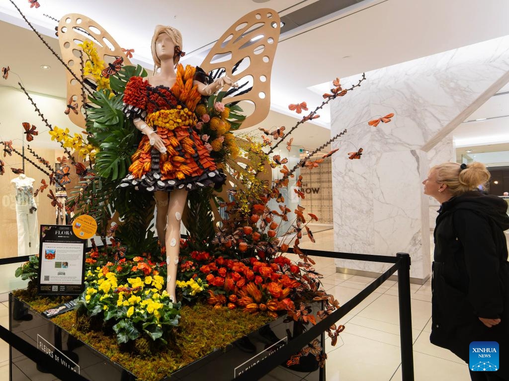 A woman looks at a floral mannequin during the 2026 Fleurs de Villes FLORA Bloor-Yorkville event in Toronto, Canada, on May 6, 2026. Showcasing more than 30 installations created by local floral designers, the event kicked off here on Wednesday and will last until Sunday. (Photo by Zou Zheng/Xinhua)