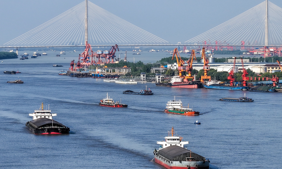 Cargo vessels are seen navigating the busy Yangtze River shipping lane near Wuhu city, East China's Anhui Province, on May 4, 2026. Photo: VCG