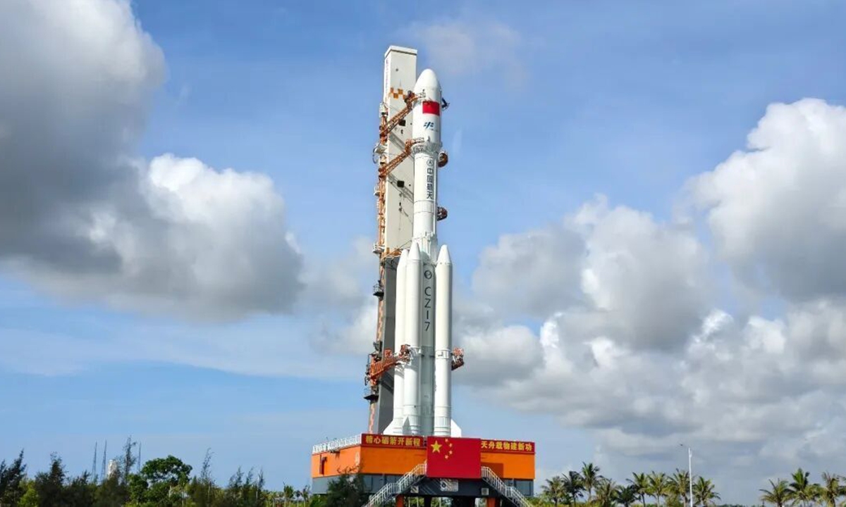 The combination of the Tianzhou-10 cargo craft and a Long March-7 carrier rocket stands at the launch site at the Wenchang Spacecraft Launch Site in Wenchang, South China's Hainan Province, on May 8, 2026. Photo: Screenshot from CCTV News