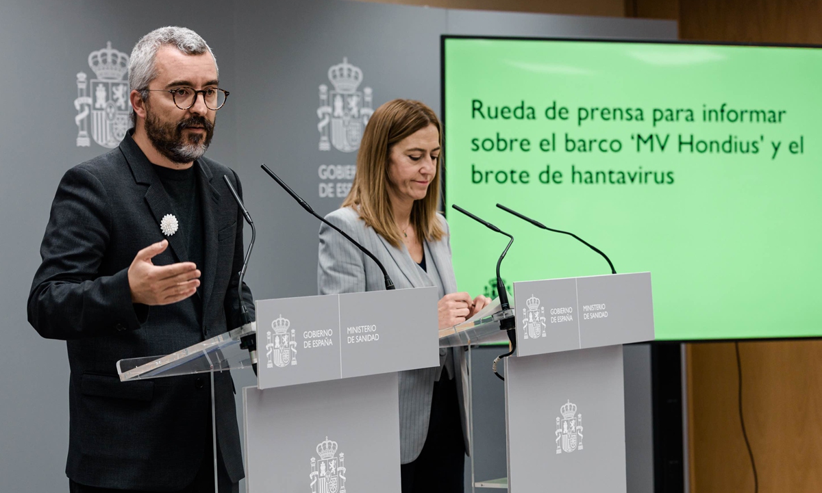 Spanish authorities hold a press conference at the headquarters of the Ministry of Health in Madrid, Spain, on May 8, 2026. According to AP, Spanish authorities on Friday were preparing to receive more than 140 passengers and crew members on board a hantavirus-stricken cruise ship headed for the Canary Islands. The vessel is expected to reach the Spanish island of Tenerife, off the coast of West Africa, early Sunday. Photo: VCG