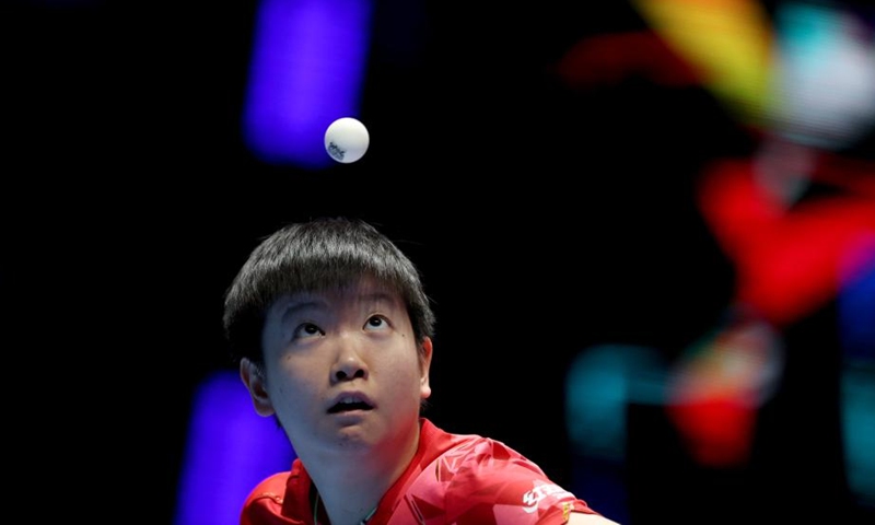 Sun Yingsha of China serves in the singles match against Elizabeta Samara of Romania during the women's teams semifinal match between China and Romania at the ITTF World Team Table Tennis Championships Finals in London, Britain, on May 9, 2026. (Xinhua/Li Ying)