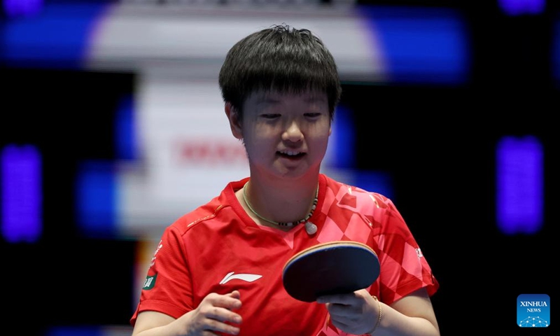 Sun Yingsha of China reacts after the singles match against Elizabeta Samara of Romania during the women's teams semifinal match between China and Romania at the ITTF World Team Table Tennis Championships Finals in London, Britain, on May 9, 2026. (Xinhua/Li Ying)