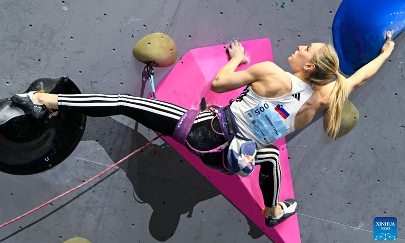 Janja Garnbret of Slovenia competes during the women's lead final at World Climbing Series Wujiang 2026 in Suzhou, east China's Jiangsu Province, May 9, 2026. (Photo by Wang Xuzhong/Xinhua)