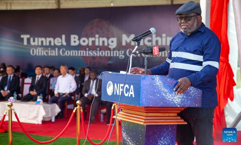 Zambian Minister of Mines and Minerals Development Paul Kabuswe speaks at the commissioning of a mining tunnel boring machine by the Chinese company NFC Africa Mining Plc in the Kalulushi District of Copperbelt Province, Zambia, on May 8, 2026. (Photo by Martin Mbangweta/Xinhua)