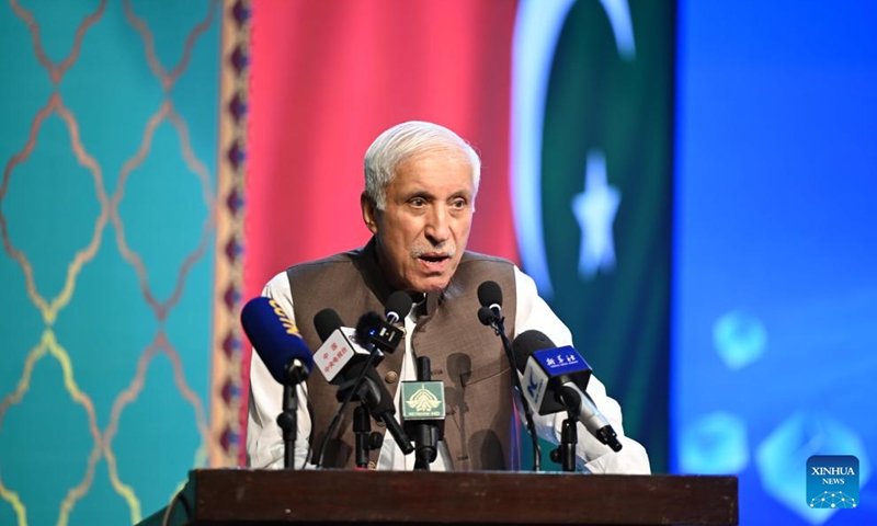 Pakistan's Federal Minister for Investment Qaiser Ahmed Sheikh speaks during the finals of a Chinese song competition in Islamabad, capital of Pakistan on May 8, 2026. The Pakistan finals of the Water Cube Cup Chinese song competition were held here on Friday to celebrate the 75th anniversary of diplomatic ties between China and Pakistan. (Xinhua/Ahmad Kamal)