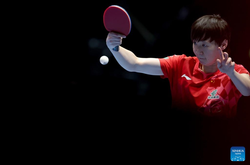 Wang Manyu of China hits a return in the singles match against Bernadette Szocs of Romania during the women's teams semifinal match between China and Romania at the ITTF World Team Table Tennis Championships Finals in London, Britain, on May 9, 2026. (Xinhua/Li Ying)