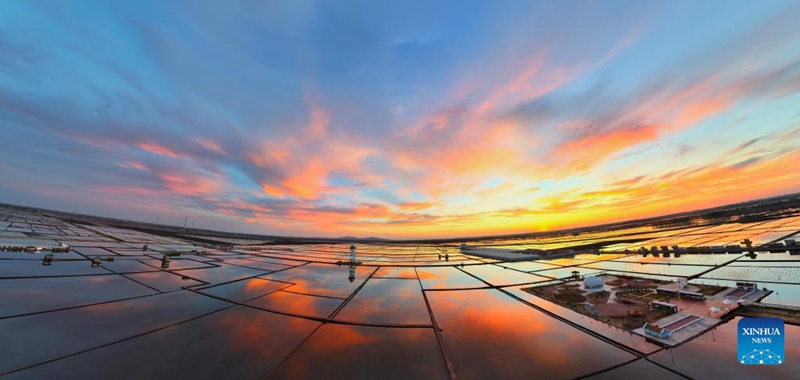 An aerial panoramic drone photo taken on May 9, 2026 shows sunset glow at a park in Fujin, northeast China's Heilongjiang Province. (Photo by Qu Yubao/Xinhua)