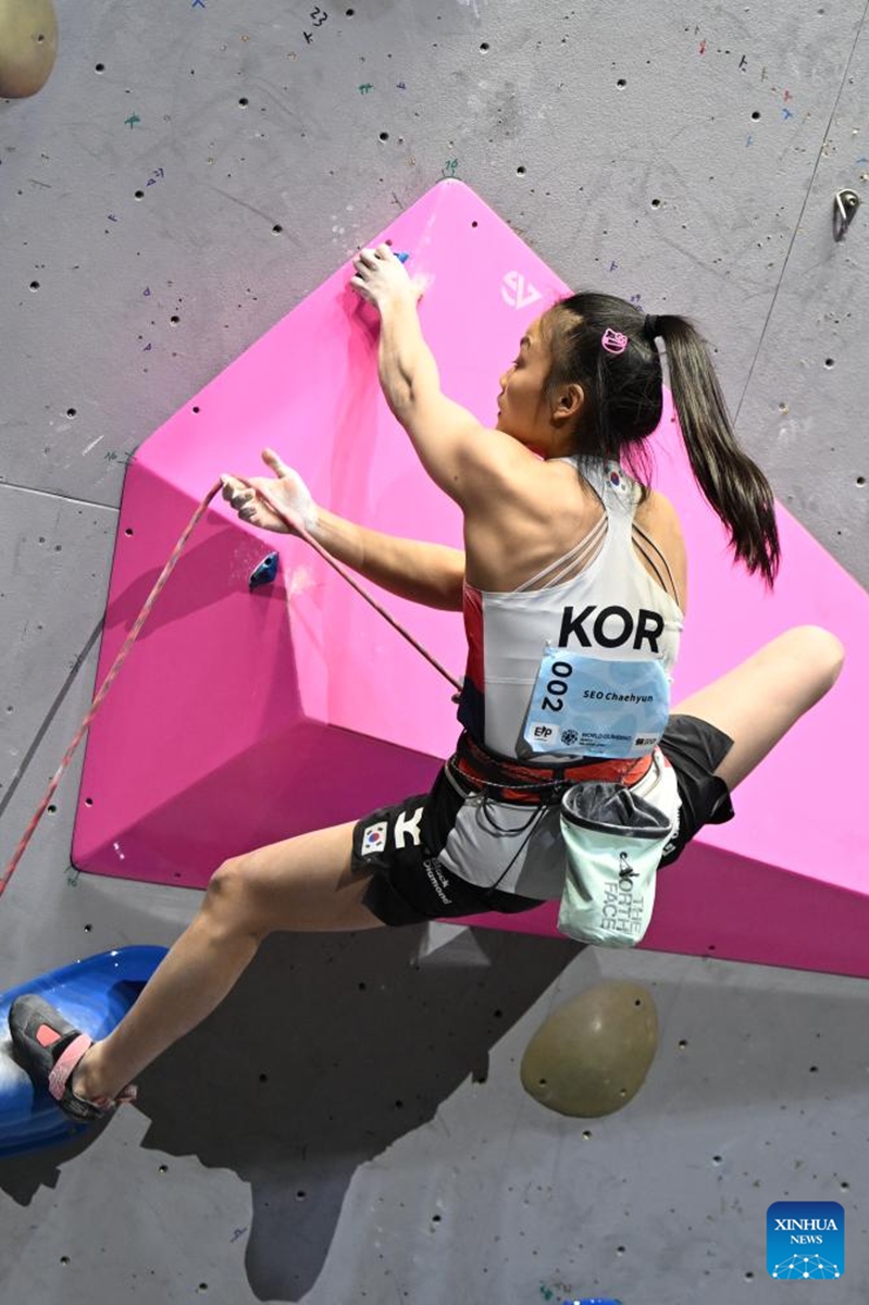 Seo Chaehyun of South Korea competes during the women's lead final at World Climbing Series Wujiang 2026 in Suzhou, east China's Jiangsu Province, May 9, 2026. (Photo by Wang Xuzhong/Xinhua)