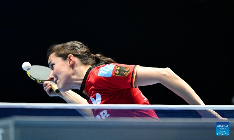Sabine Winter of Germany competes in the singles match against Hayata Hina of Japan during the women's teams semifinal match between Germany and Japan at the ITTF World Team Table Tennis Championships Finals in London, Britain, on May 9, 2026. (Xinhua/Lian Yi)