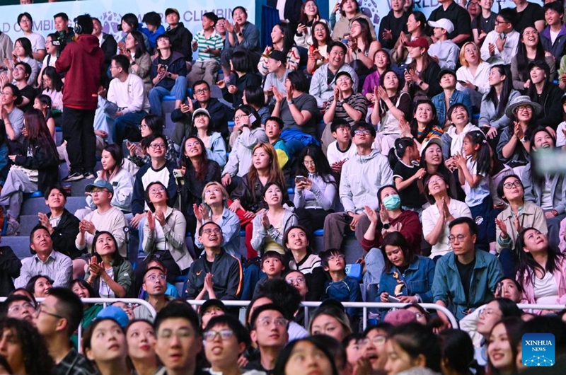 Spectators watch the women's lead final at World Climbing Series Wujiang 2026 in Suzhou, east China's Jiangsu Province, May 9, 2026. (Photo by Wang Xuzhong/Xinhua)
