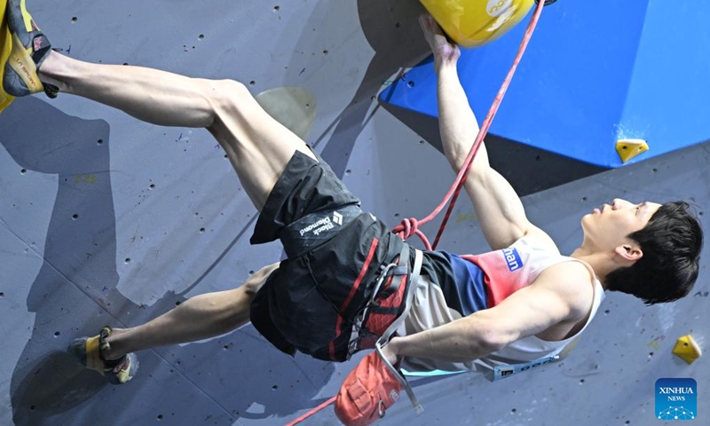 Lee Dohyun of South Korea competes during the men's lead final at World Climbing Series Wujiang 2026 in Suzhou, east China's Jiangsu Province, May 9, 2026. (Photo by Wang Xuzhong/Xinhua)