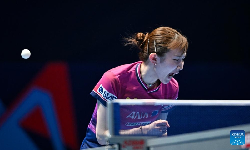 Hayata Hina of Japan celebrates scoring in the singles match against Sabine Winter of Germany during the women's teams semifinal match between Germany and Japan at the ITTF World Team Table Tennis Championships Finals in London, Britain, on May 9, 2026. (Xinhua/Lian Yi)