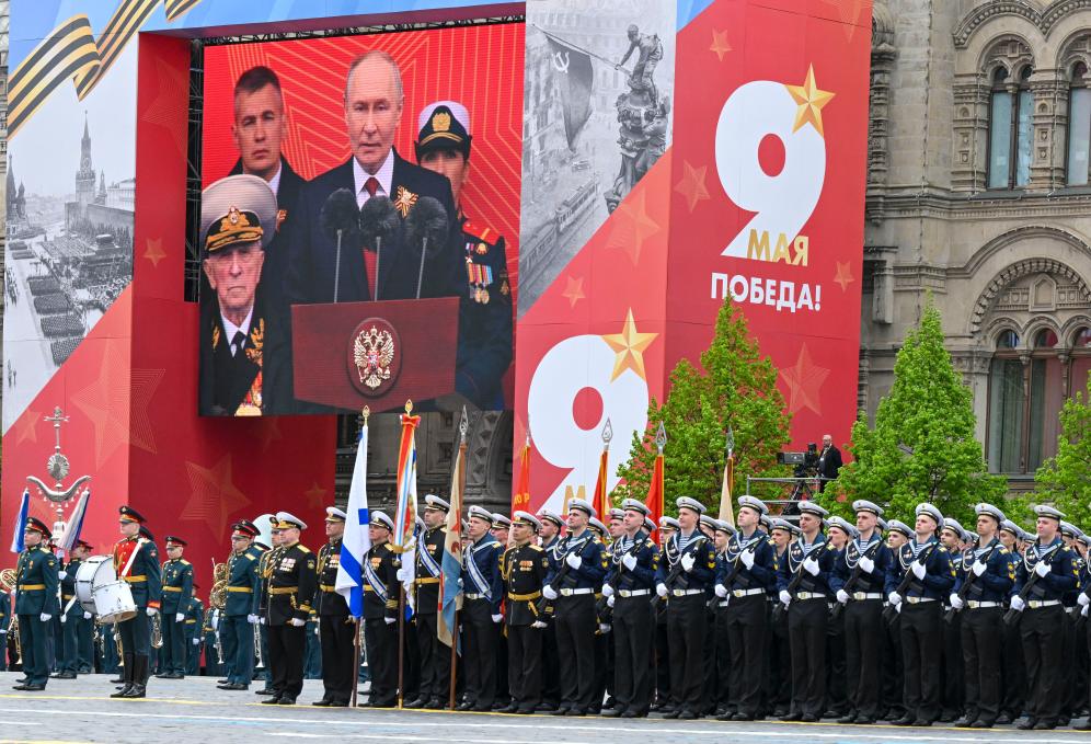 Russian President Vladimir Putin speaks during a parade marking the 81st anniversary of the victory in the Soviet Union's Great Patriotic War in Moscow, Russia, May 9, 2026. (Xinhua/Hao Jianwei)