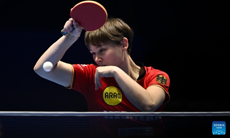 Nina Mittelham of Germany competes in the singles match against Hashimoto Honoka of Japan during the women's teams semifinal match between Germany and Japan at the ITTF World Team Table Tennis Championships Finals in London, Britain, on May 9, 2026. (Xinhua/Lian Yi)