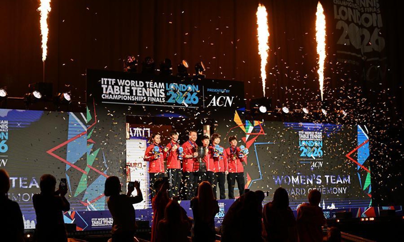 Gold medalists China pose during the awarding ceremony for the women's teams at the ITTF World Team Table Tennis Championships Finals in London, Britain, on May 10, 2026. (Photo: Xinhua)