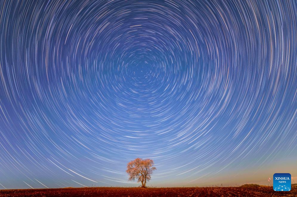 This stack composite photo taken on May 3, 2026 shows the starry sky in Shuangyashan, northeast China's Heilongjiang Province. Heilongjiang, China's northernmost province, recently has greeted a spectacle of starry sky stretching over blooming flowers. (Photo: Xinhua)