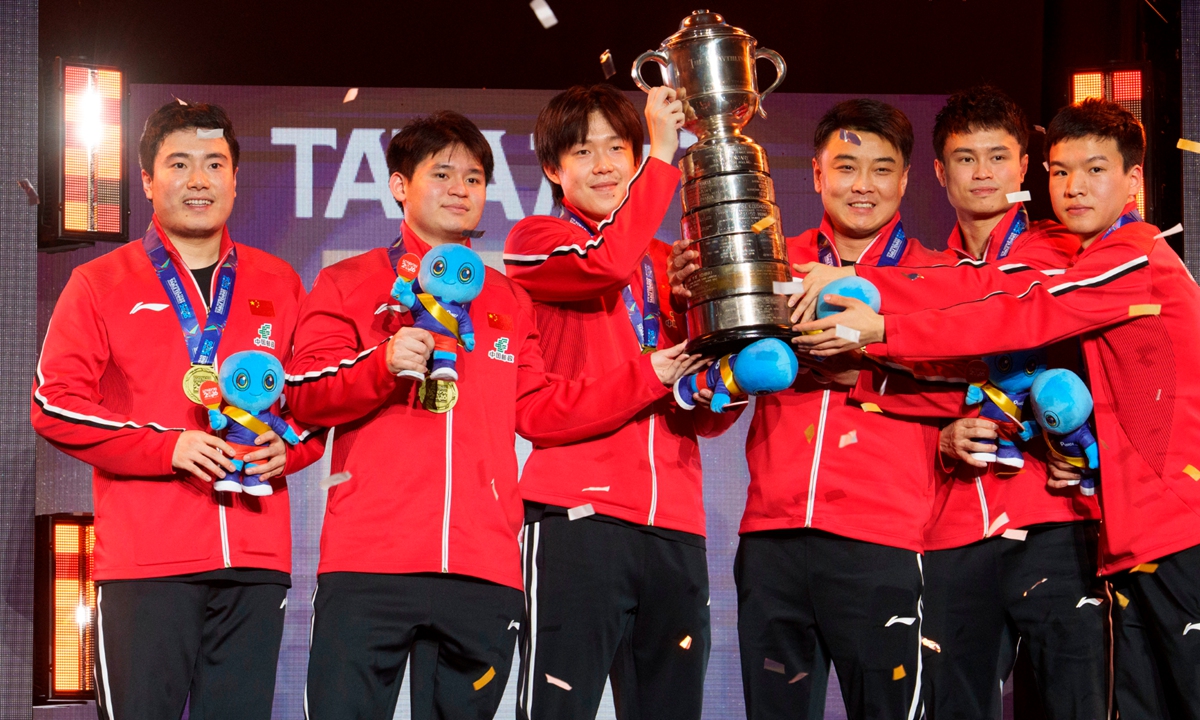 China celebrates winning the Men's Final and securing gold medal at the World Team Table Tennis Championships in London, Sunday, May 10, 2026. Photo: VCG