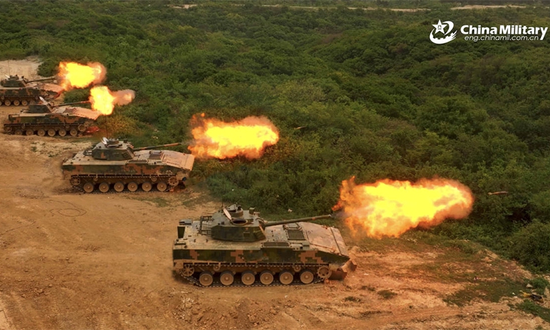Self propelled mortars attached to a brigade under the Chinese PLA 71st Group Army open fire at the mock targets during a live-fire shooting training exercise on April 25, 2026. (Photo: eng.chinamil.com.cn)