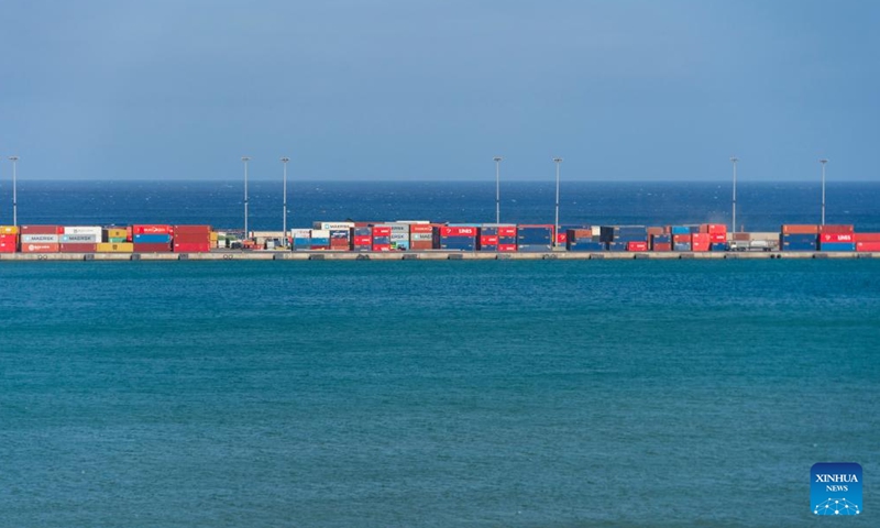 This photo taken on May 11, 2026 shows a container terminal on Santiago Island, Cape Verde. Santiago Island, located in the southern part of the Cape Verde archipelago, is the country's largest and most populous island. (Xinhua/Xie Jianfei)