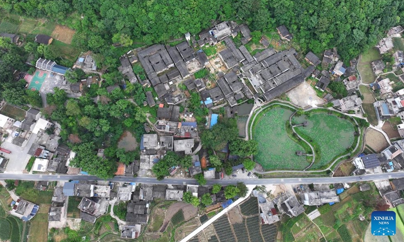 An aerial drone photo taken on May 9, 2026 shows the ancient residences in Baojing Village of Yongzhou, central China's Hunan Province. Nestled amid the mountains of Jianghua Yao Autonomous County in Yongzhou, Baojing Village was built by the ancestors of the He family in 1650, and is therefore called the Courtyard of Family He. There are 180 existing ancient residences, 7 gate towers and 36 alleys.
