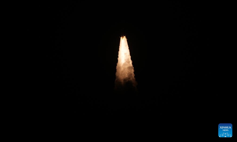 A modified Long March-6 carrier rocket carrying a new satellite group blasts off from the Taiyuan Satellite Launch Center in north China's Shanxi Province, on May 12, 2026. The satellite group was launched at 7:59 p.m. (Beijing Time) and entered its preset orbit successfully. It will constitute the Spacesail Constellation, a mega commercial Chinese low-orbit satellite network. (Photo by Wang Yapeng/Xinhua)

