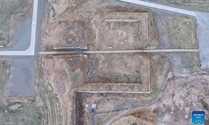 An aerial drone photo taken on May 11, 2026 shows a view of the site of Xanadu of the Yuan Dynasty (1271-1368) in Xilingol, north China's Inner Mongolia Autonomous Region. Surrounded by the vast Jinlianchuan grassland, the relic site of Xanadu is located in Zhenglan Banner of Xilingol League, with the Shangdu River bordering to the south and Longgang Mountain to the north. The ruins include the city site and a group of tombs. In 2012, the site of Xanadu was inscribed on the World Heritage List. (Xinhua/Li Zhipeng)


