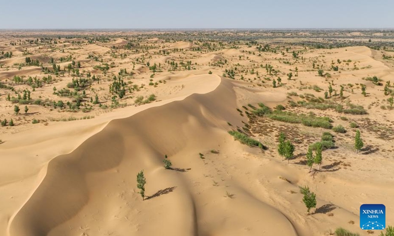 An aerial drone photo taken on May 12, 2026 shows a view of Kubuqi Desert in Hangjin Banner of Ordos, north China's Inner Mongolia Autonomous Region. (Xinhua/Bei He)

