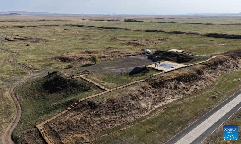 An aerial drone photo taken on May 12, 2026 shows a view of the site of Xanadu of the Yuan Dynasty (1271-1368) in Xilingol, north China's Inner Mongolia Autonomous Region. Surrounded by the vast Jinlianchuan grassland, the relic site of Xanadu is located in Zhenglan Banner of Xilingol League, with the Shangdu River bordering to the south and Longgang Mountain to the north. The ruins include the city site and a group of tombs. In 2012, the site of Xanadu was inscribed on the World Heritage List. (Xinhua/Li Zhipeng)


