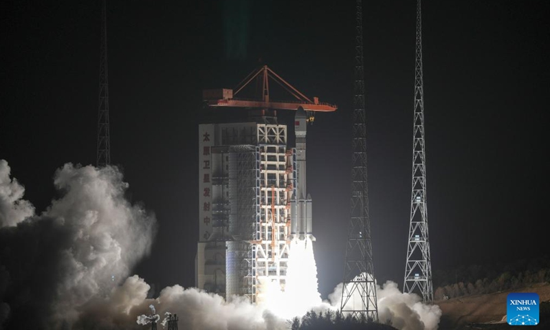 A modified Long March-6 carrier rocket carrying a new satellite group blasts off from the Taiyuan Satellite Launch Center in north China's Shanxi Province, on May 12, 2026. The satellite group was launched at 7:59 p.m. (Beijing Time) and entered its preset orbit successfully. It will constitute the Spacesail Constellation, a mega commercial Chinese low-orbit satellite network. (Photo by Wang Yapeng/Xinhua)

