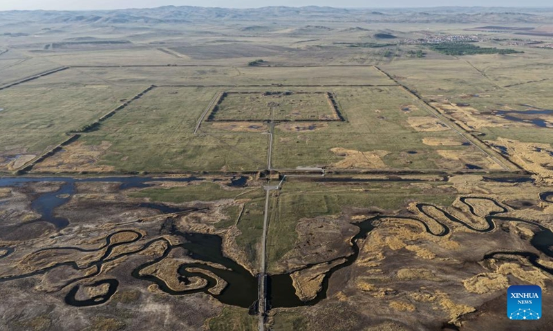 An aerial drone photo taken on May 12, 2026 shows a view of the site of Xanadu of the Yuan Dynasty (1271-1368) in Xilingol, north China's Inner Mongolia Autonomous Region. Surrounded by the vast Jinlianchuan grassland, the relic site of Xanadu is located in Zhenglan Banner of Xilingol League, with the Shangdu River bordering to the south and Longgang Mountain to the north. The ruins include the city site and a group of tombs. In 2012, the site of Xanadu was inscribed on the World Heritage List. (Xinhua/Li Zhipeng)

