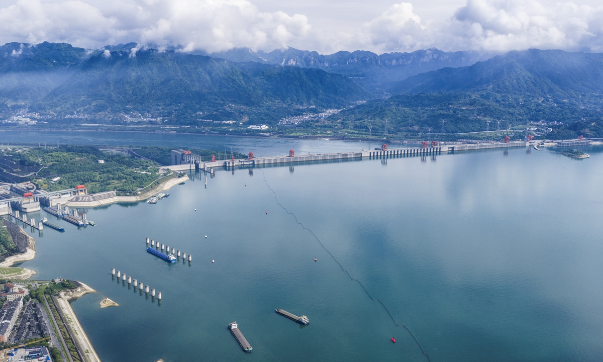 An aerial photo taken on May 13, 2026 shows a view of the Three Gorges Dam in Yichang, Central China's Hubei Province. According to the China Three Gorges Corporation, since launching dry-season water replenishment dispatch on November 21, 2025, the Three Gorges Reservoir supplied over 10 billion cubic meters of water to the middle and lower reaches of the Yangtze River as of May 12. Photo: VCG