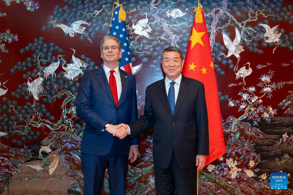 Chinese Vice Premier He Lifeng, also a member of the Political Bureau of the Communist Party of China Central Committee, shakes hands with US Treasury Secretary Scott Bessent prior to their consultations in South Korea, May 13, 2026. The Chinese and US delegations convened on Wednesday for consultations on economic and trade issues in South Korea. (Xinhua/Zhang Xiaoyu)