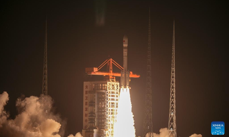 A modified Long March-6 carrier rocket carrying a new satellite group blasts off from the Taiyuan Satellite Launch Center in north China's Shanxi Province, on May 12, 2026. The satellite group was launched at 7:59 p.m. (Beijing Time) and entered its preset orbit successfully. It will constitute the Spacesail Constellation, a mega commercial Chinese low-orbit satellite network. (Photo by Wang Yapeng/Xinhua)


