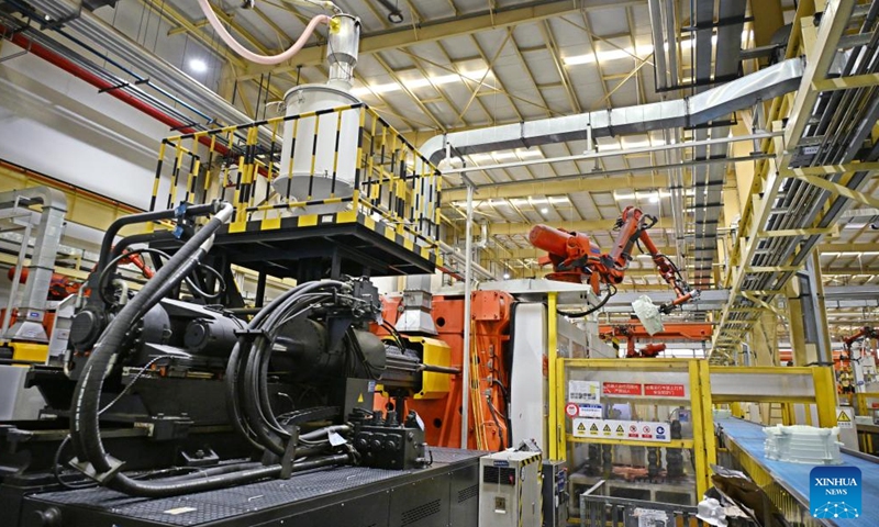 A production line is seen at the Haier Qingdao Washing Machine Interconnected Factory in Qingdao, east China's Shandong Province, May 12, 2026. Located in the West Coast New Area of Qingdao, the factory is a full-scenario 5.5G demonstration lighthouse factory. Relying on 130 advanced technologies such as 5.5G, advanced algorithms, and digital twins, the factory has further optimized its products and services. (Xinhua/Li Ziheng)


