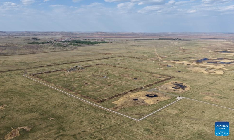 An aerial drone photo taken on May 12, 2026 shows a view of the site of Xanadu of the Yuan Dynasty (1271-1368) in Xilingol, north China's Inner Mongolia Autonomous Region. Surrounded by the vast Jinlianchuan grassland, the relic site of Xanadu is located in Zhenglan Banner of Xilingol League, with the Shangdu River bordering to the south and Longgang Mountain to the north. The ruins include the city site and a group of tombs. In 2012, the site of Xanadu was inscribed on the World Heritage List. (Xinhua/Li Zhipeng)

