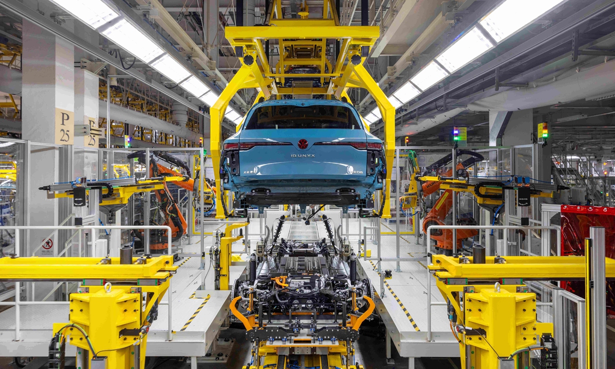 An ID.UNYX 08, the first model co-developed by Volkswagen Group China and XPENG, rolls off the production line in Hehei, East China's Anhui Province. Photo: Volkswagen Group

