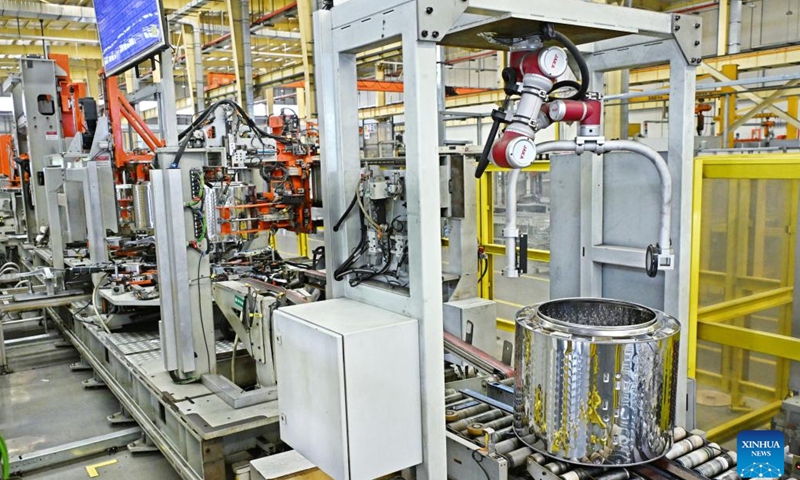A production line is seen at the Haier Qingdao Washing Machine Interconnected Factory in Qingdao, east China's Shandong Province, May 12, 2026. Located in the West Coast New Area of Qingdao, the factory is a full-scenario 5.5G demonstration lighthouse factory. Relying on 130 advanced technologies such as 5.5G, advanced algorithms, and digital twins, the factory has further optimized its products and services. (Xinhua/Li Ziheng)


