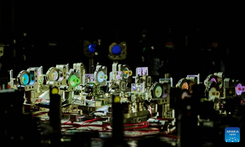 This photo taken on April 2, 2026 shows part of a programmable quantum computing prototype called Jiuzhang 4.0. Chinese scientists have developed a programmable quantum computing prototype called Jiuzhang 4.0 that has set a new world record for optical quantum information technology, according to a study published on Wednesday in the journal Nature.

