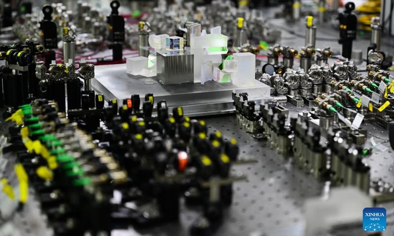 This photo taken on April 10, 2026 shows part of a programmable quantum computing prototype called Jiuzhang 4.0. Chinese scientists have developed a programmable quantum computing prototype called Jiuzhang 4.0 that has set a new world record for optical quantum information technology, according to a study published on Wednesday in the journal Nature.

