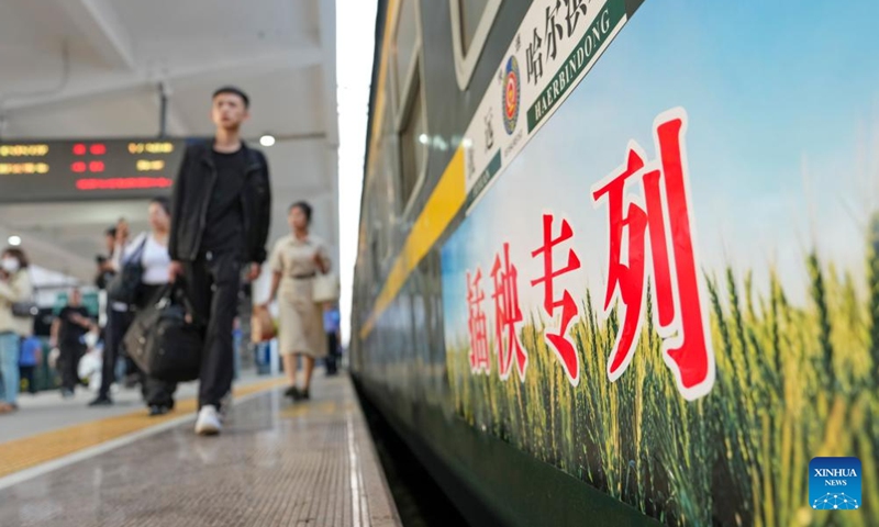 People prepare to board train No. K5153 traveling from Harbin to Fuyuan at Harbin East Railway Station in Harbin, northeast China's Heilongjiang Province, May 13, 2026. The Sanjiang Plain in Heilongjiang Province is a leading grain-producing area in China. Workers are needed there during the transplanting season for rice seedlings.

