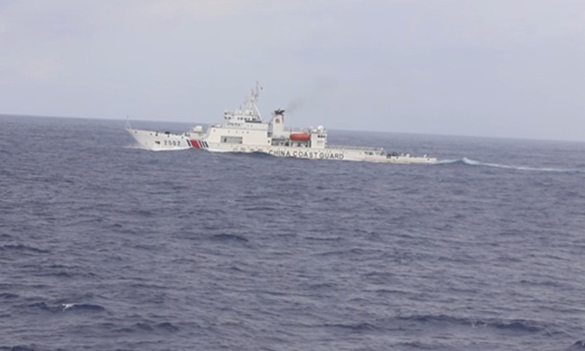 A screenshot of a video clip shows the China Coast Guard (CCG) task group, led by the CCGS Daishan, conducting routine law-enforcement patrols in accordance with the law in waters east of China's Taiwan island on June 1, 2026.
