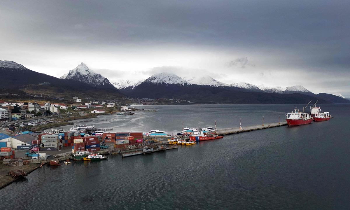Aerial view of Ushuaia harbor in Tierra del Fuego, Argentina, on May 13, 2026. The MV Hondius cruise ship departed from there on April 1, 2026. Photo: VCG