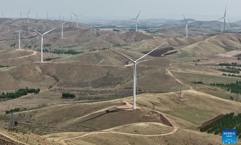 An aerial drone photo shows a new energy base in Zhenglan Banner of Xilingol League, north China's Inner Mongolia Autonomous Region, May 14, 2026.

Leveraging its geographic and resource advantages, Zhenglan Banner accelerated the large-scale, clustered development of new energy with a focus on wind power in recent years. With 11 wind projects already completed, it is now building a 10-gigawatt-scale integrated energy base to establish a clean, low-carbon, safe and efficient modern energy system. (Xinhua/Li Zhipeng)